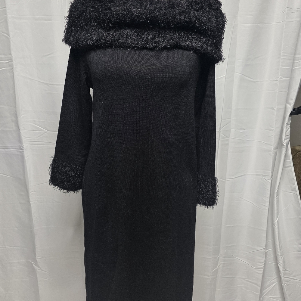 Spense Black Long Sleeve Dress with Fuzzy Trim